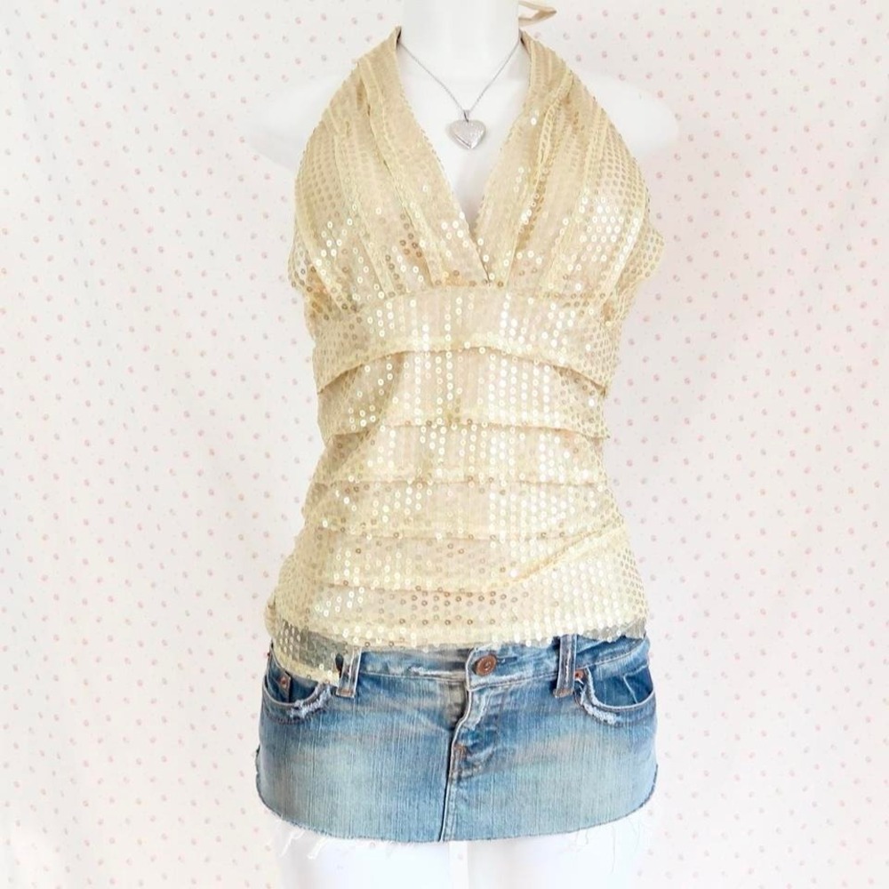 vintage seductions sequin halter top y2k champagne party clubwear